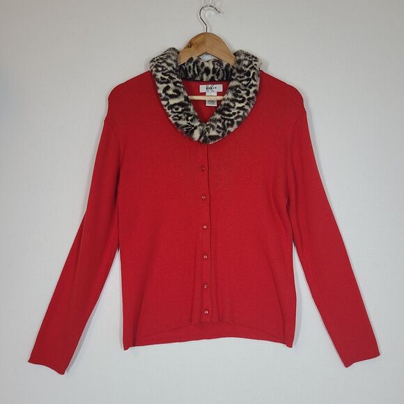 3 for $30 -Vtg Kikit Red Sweater Cardigan Animal Print Faux Fur Removable Collar - Picture 8 of 8
